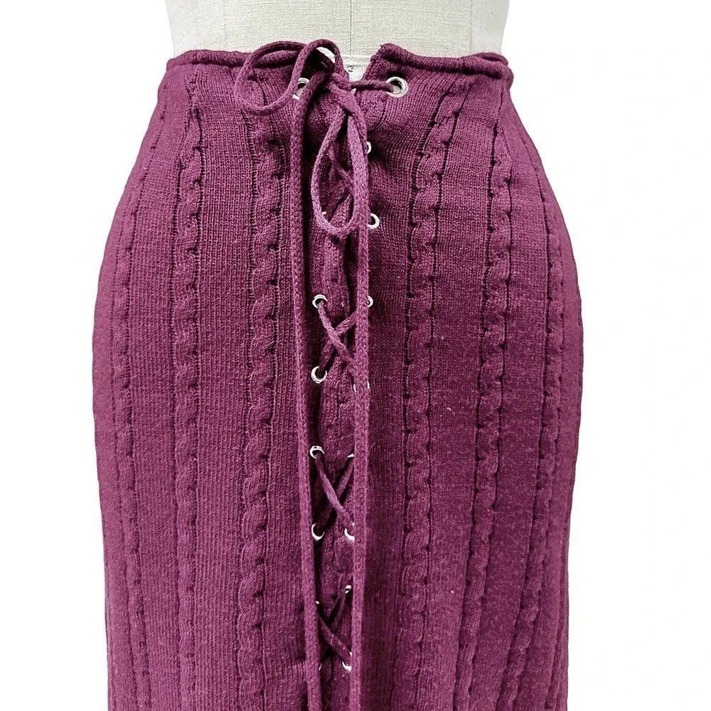 70s VTG Lace Up Front Cable Knit Sweater Skirt Plum Ankle Length Sz S/M